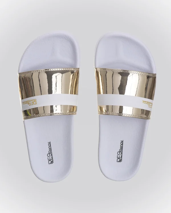 Chinelo Slide Gold Listra Metalico Renov pise com clareza