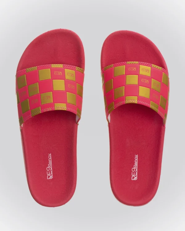 Chinelo Slide Rosa/Gold Xadrez Renov o melhor conforto do Brasil